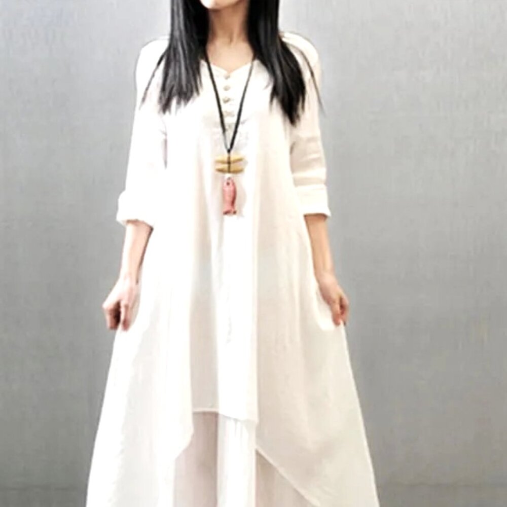 Flowy White Midi Dress with Button Front- size small
